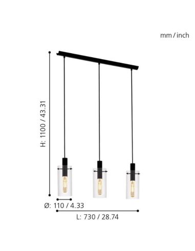 Montefino plafonnier LED cylindrique en verre 3XE27 | Lampe classique en verre Eglo Iluminación | LeonLeds Iluminación