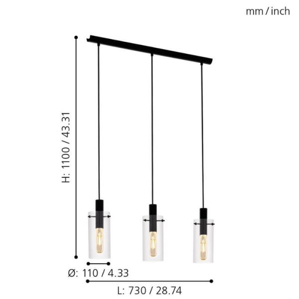 Lámpara de techo LED de cristal cilíndrico Montefino 3XE27 | Lámpara 5 puntos luz Eglo Iluminación | LeonLeds Iluminación
