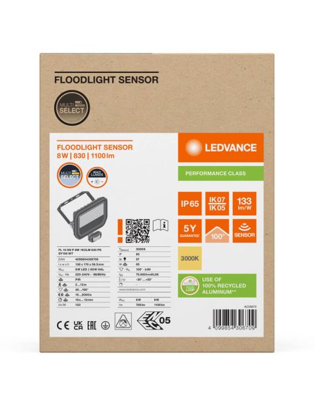 Proyector LED Exterior con Sensor de Movimiento Blanco 8W 1200 lm IP65 FL 10 SN P 8W 1K2LM SY100 WT 3000K