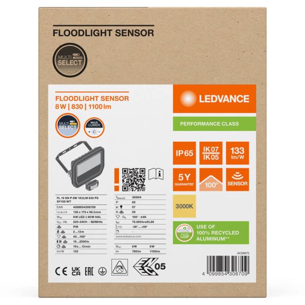 Holofote LED para exterior com sensor de movimento Branco 8W 1200 lm IP65 FL 10 SN P 8W 1K2LM SY100 WT 3000K