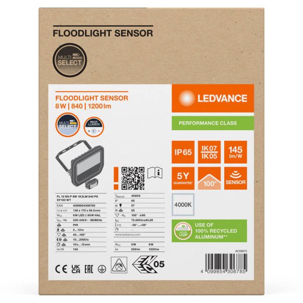 Holofote LED para exterior com sensor de movimento Branco 8W 1200 lm IP65 FL 10 SN P 8W 1K2LM SY100 WT 4000K