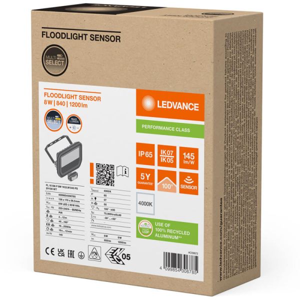 Proyector LED Exterior con Sensor de Movimiento Blanco 8W 1200 lm IP65 FL 10 SN P 8W 1K2LM SY100 WT 4000K