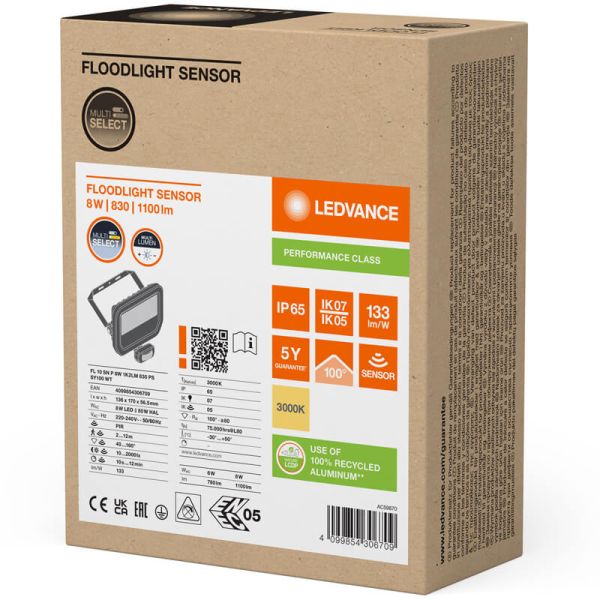 Proyector LED Exterior con Sensor de Movimiento Blanco 8W 1200 lm IP65 FL 10 SN P 8W 1K2LM SY100 WT 3000K
