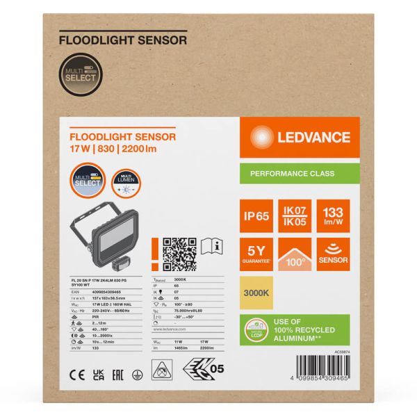 Proyector LED Exterior blanco con Sensor de Movimiento 17W 2400 lm IP65 FL 20 SN P 17W 2K4LM SY100 WT 3000K