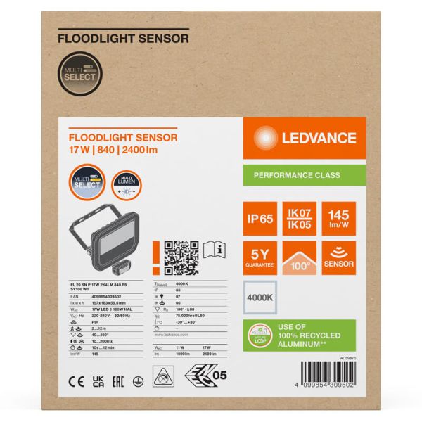Holofote LED branco para exterior com sensor de movimento 17W 2400 lm IP65 FL 20 SN P 17W 2K4LM SY100 WT 4000K