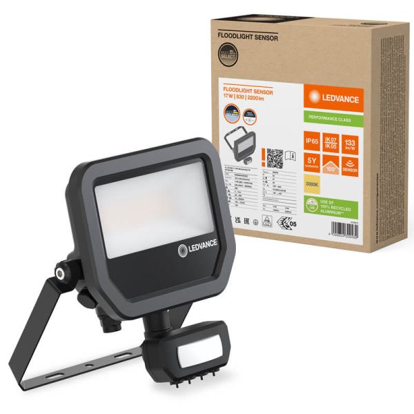 Holofote LED preto para exterior com sensor de movimento 17W 2400 lm IP65 FL 20 SN P 17W 2K4LM SY100 BK 3000K