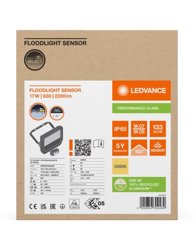 Projecteur LED extérieur noir avec détecteur de mouvement 17W 2400 lm IP65 FL 20 SN P 17W 2K4LM SY100 BK 3000K