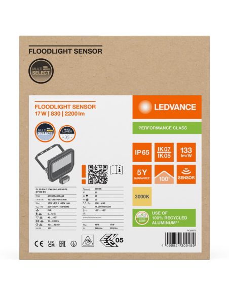 Holofote LED preto para exterior com sensor de movimento 17W 2400 lm IP65 FL 20 SN P 17W 2K4LM SY100 BK 3000K