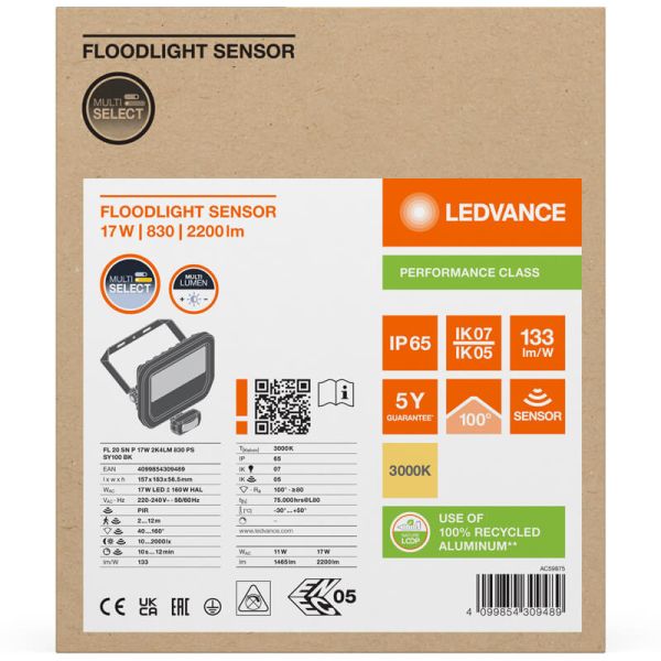 Proyector LED Exterior negro con Sensor de Movimiento 17W 2400 lm IP65 FL 20 SN P 17W 2K4LM SY100 BK 3000K