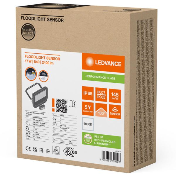 Holofote LED preto para exterior com sensor de movimento 17W 2400 lm IP65 FL 20 SN P 17W 2K4LM SY100 BK 4000K