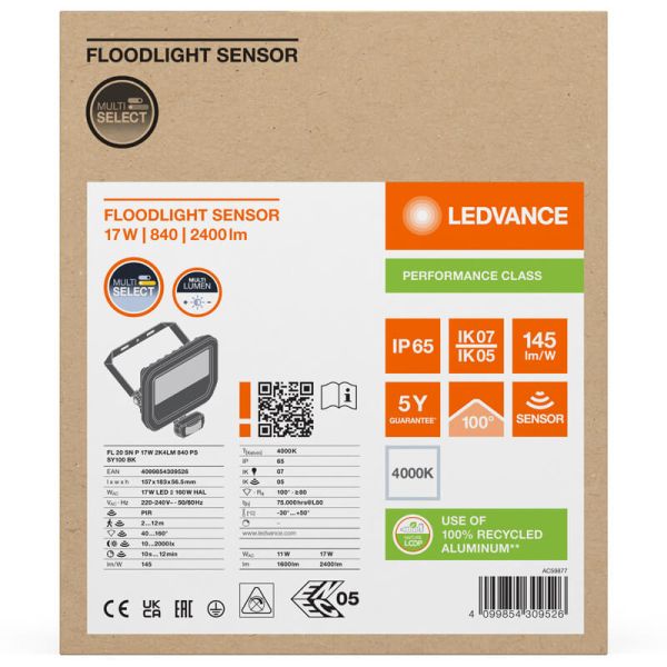 Proyector LED Exterior negro con Sensor de Movimiento 17W 2400 lm IP65 FL 20 SN P 17W 2K4LM SY100 BK 4000K
