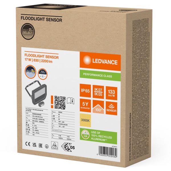 Proyector LED Exterior negro con Sensor de Movimiento 17W 2400 lm IP65 FL 20 SN P 17W 2K4LM SY100 BK 3000K
