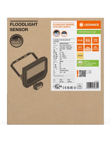 Holofote LED branco para exterior com sensor de presença 41W 6000 lm IP65 FL 50 SN P 41W 6KLM SY100 BK 3000K