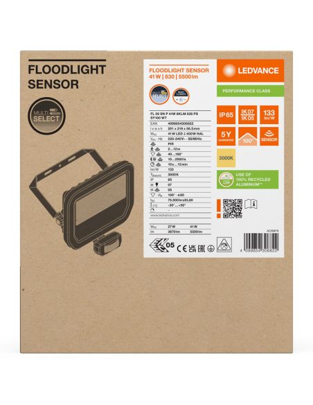 Proyector LED Exterior blanco con Sensor de presencia 41W 6000 lm IP65 FL 50 SN P 41W 6KLM SY100 BK 3000K