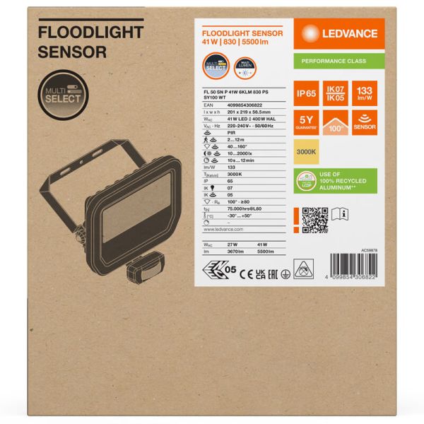 Proyector LED Exterior blanco con Sensor de presencia 41W 6000 lm IP65 FL 50 SN P 41W 6KLM SY100 BK 3000K