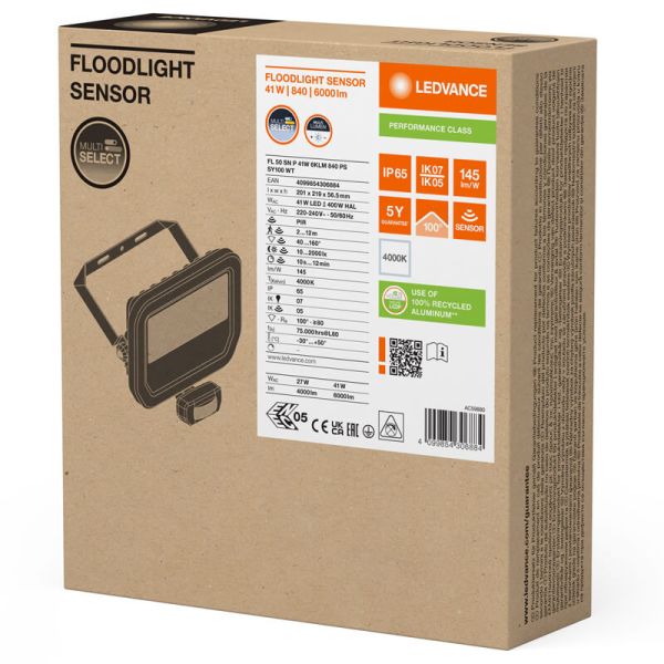 Holofote LED branco para exterior com sensor de presença 41W 6000 lm IP65 FL 50 SN P 41W 6KLM SY100 BK 4000k