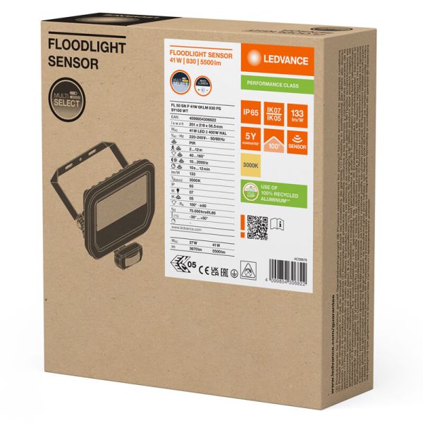 Holofote LED branco para exterior com sensor de presença 41W 6000 lm IP65 FL 50 SN P 41W 6KLM SY100 BK