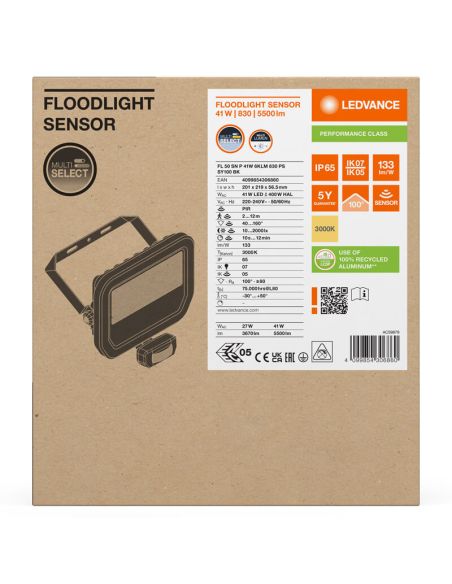 Holofote LED preto para exterior com sensor de presença 41W 6000 lm IP65 FL 50 SN P 41W 6KLM SY100 BK 3000K