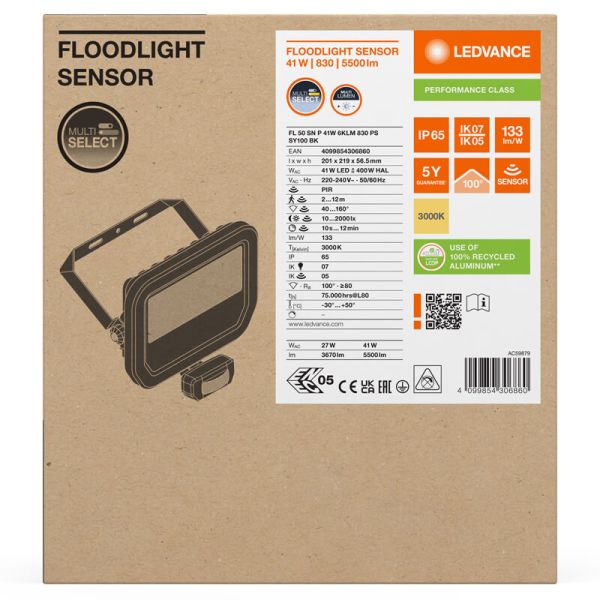 Projecteur LED extérieur noir avec détecteur de présence 41W 6000 lm IP65 FL 50 SN P 41W 6KLM SY100 BK 3000K