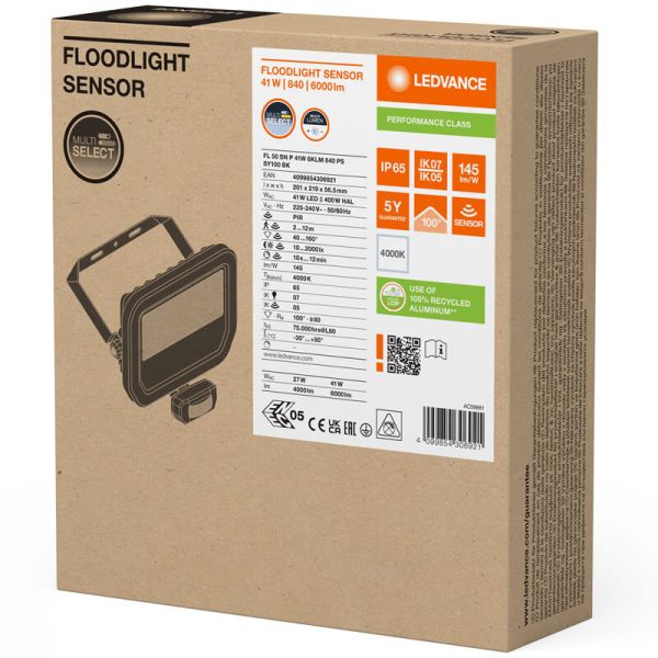 Proyector LED Exterior negro con Sensor de presencia 41W 6000 lm IP65 FL 50 SN P 41W 6KLM SY100 BK 4000K
