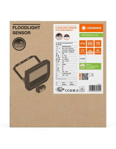 Holofote LED preto para exterior com sensor de presença 41W 6000 lm IP65 FL 50 SN P 41W 6KLM SY100 BK 4000K