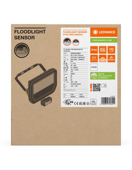 Holofote LED preto para exterior com sensor de presença 41W 6000 lm IP65 FL 50 SN P 41W 6KLM SY100 BK 4000K
