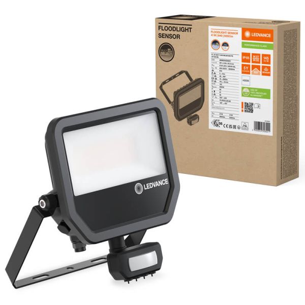 Holofote LED preto para exterior com sensor de presença 41W 6000 lm IP65 FL 50 SN P 41W 6KLM SY100 BK 4000K