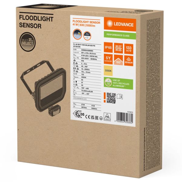 Projecteur LED extérieur noir avec détecteur de présence 41W 6000 lm IP65 FL 50 SN P 41W 6KLM SY100 BK 3000K