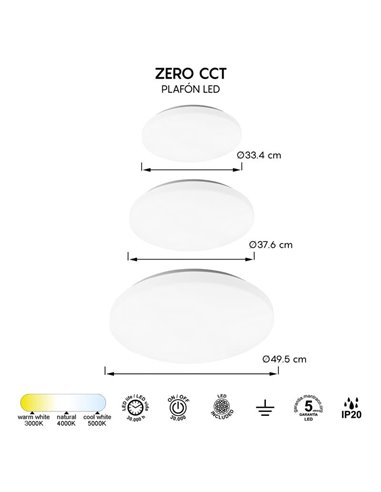 Plafón de techo LED 24W ZERO CCT 3000K-4000K-5000K, 2040Lm