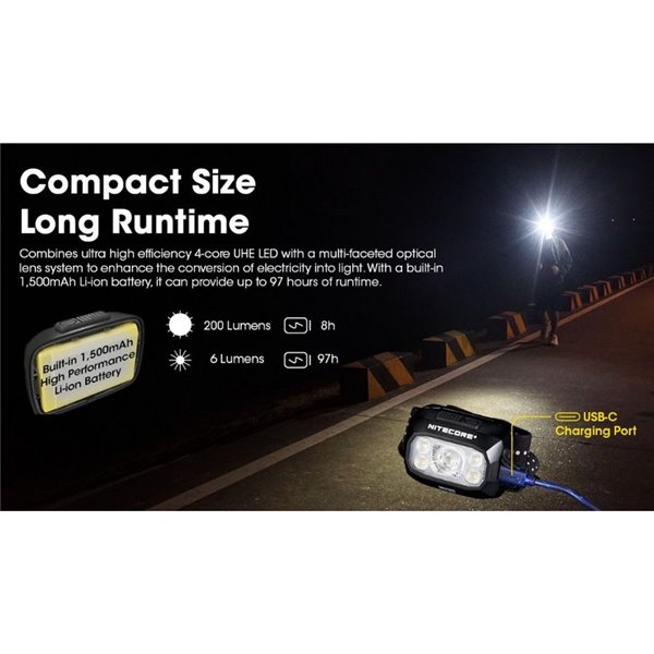 Farol de bateria recarregável LED NU30 500Lm alcance de 130 metros USB-C IP66