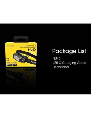 Linterna frontal NU40 LED 1000Lm batería recargable 2.600 mAh USB-C IP68