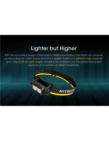 Linterna frontal NU40 LED 1000Lm batería recargable 2.600 mAh USB-C IP68