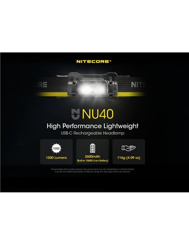 Linterna frontal NU40 LED 1000Lm batería recargable 2.600 mAh USB-C IP68