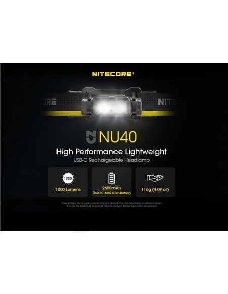 Linterna frontal NU40 LED 1000Lm batería recargable 2.600 mAh USB-C IP68