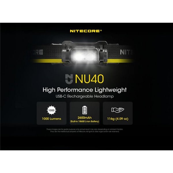 Lampe frontale LED NU40 1000Lm batterie rechargeable 2 600 mAh USB-C IP68