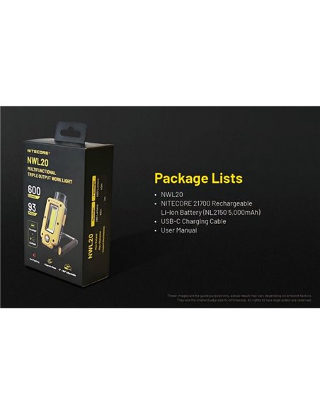 Lampe de travail multifonction NWL20, 600Lm, portée de 93 mètres, batterie 21700 IPX5