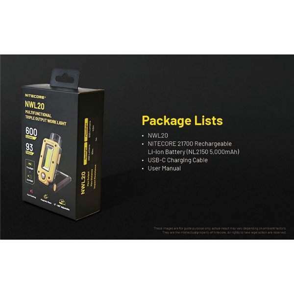 Lanterna de trabalho multifuncional NWL20 600Lm 93 metros de alcance 21700 bateria IPX5