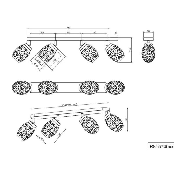 Regleta de 4 Focos de Techo BIDAR Bombilla excl. 4x E14 max. 10W Acabado Metálico