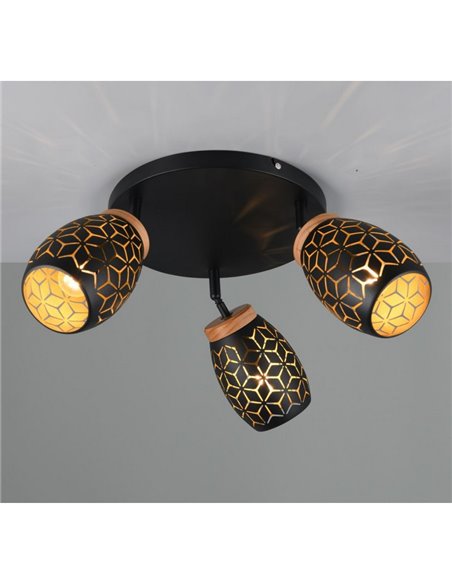 Candeeiro de teto 3 focos ajustáveis Lâmpadas BIDAR excl. 3x E14 máx. 10W IP20 Preto/Dourado