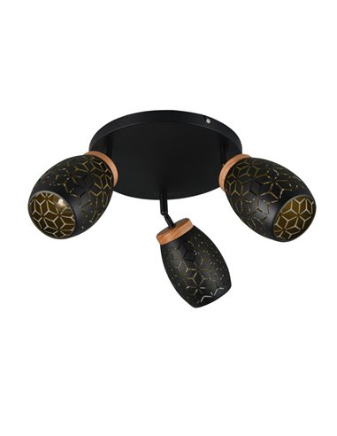 Plafón de Techo 3 Focos Orientables BIDAR Bombillas excl. 3x E14 max. 10W IP20 Negro/Oro