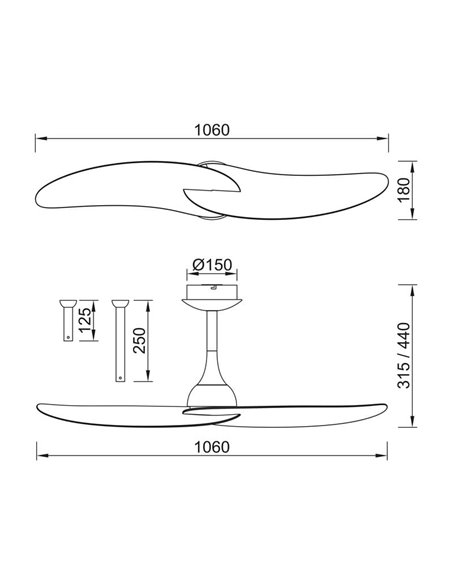 Ventilador de teto sem luz, 2 pás 32W IPANEMA, Ø106cm branco, com controle remoto