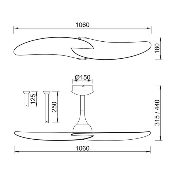 Ventilador de techo sin luz, 2 palas 32W IPANEMA, Ø106cm blanco, con mando a distancia
