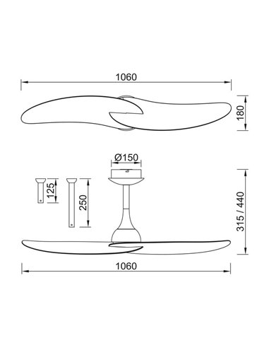 Ventilador de teto sem luz, 32W IPANEMA, Ø106cm preto e 2 pás de madeira, com controle remoto
