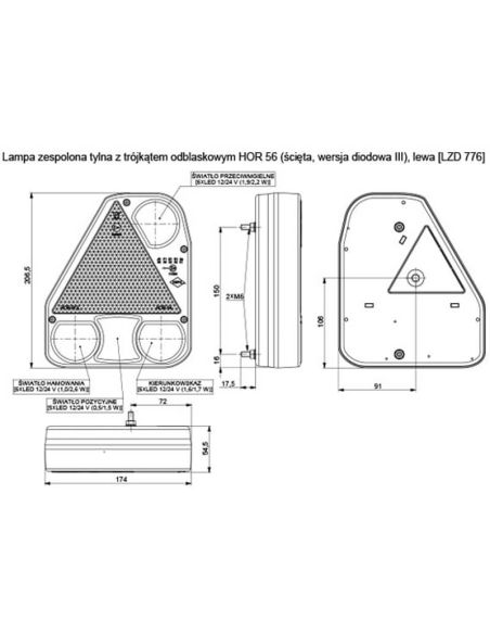Dimensions Feu arrière LED avec triangle vertical 12V 24V LZD 774