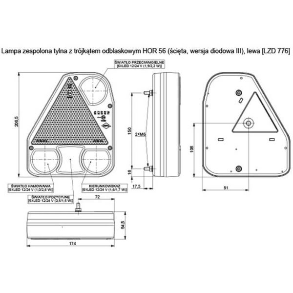 Dimensiones Piloto Trasero LED con triangulo Vertical 12V 24V LZD 774