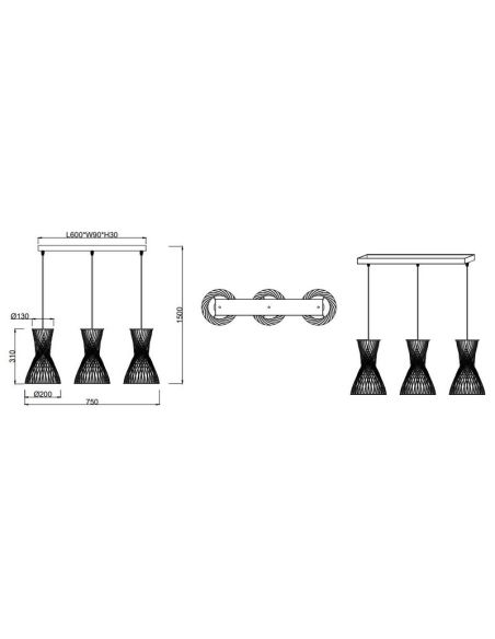Lámpara de Techo BIJOU 3 pantallas de Papel trenzado y Altura ajustable Bombilla excl. 3x E27 max. 10W IP20