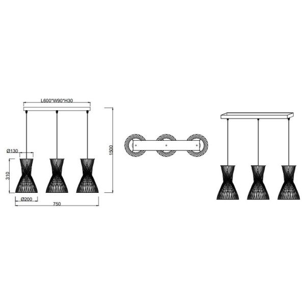 Luminária de teto BIJOU com 3 cúpulas...