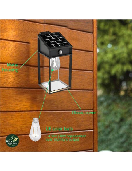 Aplique solar cuadrado exterior GERI SQ, sensor de movimiento, ultraeficiente con bombilla solar reemplazable, 2700K/4000K 
