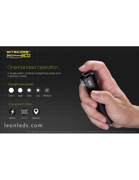 Linterna Frontal de Cabeza LED Potente Nitecore HC33 1800Lm model 2018 con cinta de nylon para 1 bateria 18650 | LeonLeds Ilumin