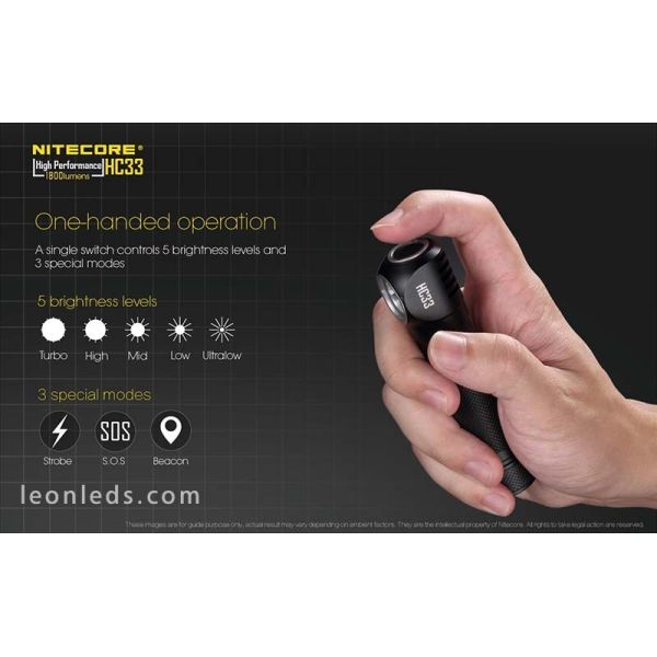 Linterna Frontal de Cabeza LED Potente Nitecore HC33 1800Lm model 2018 con cinta de nylon para 1 bateria 18650 | LeonLeds Ilumin